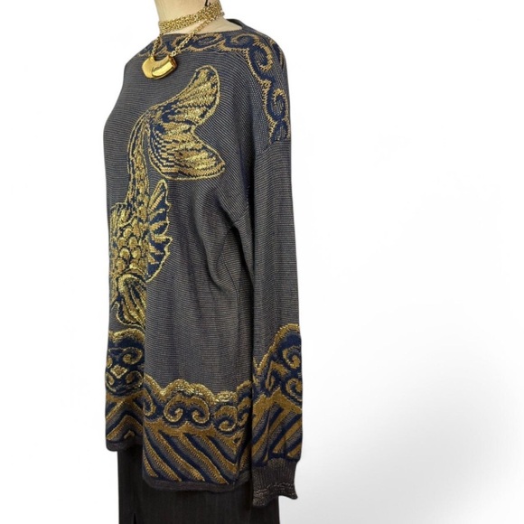 Nautical knit  blue and gold boat neck  long sleeve light weight sweater - Picture 5 of 11